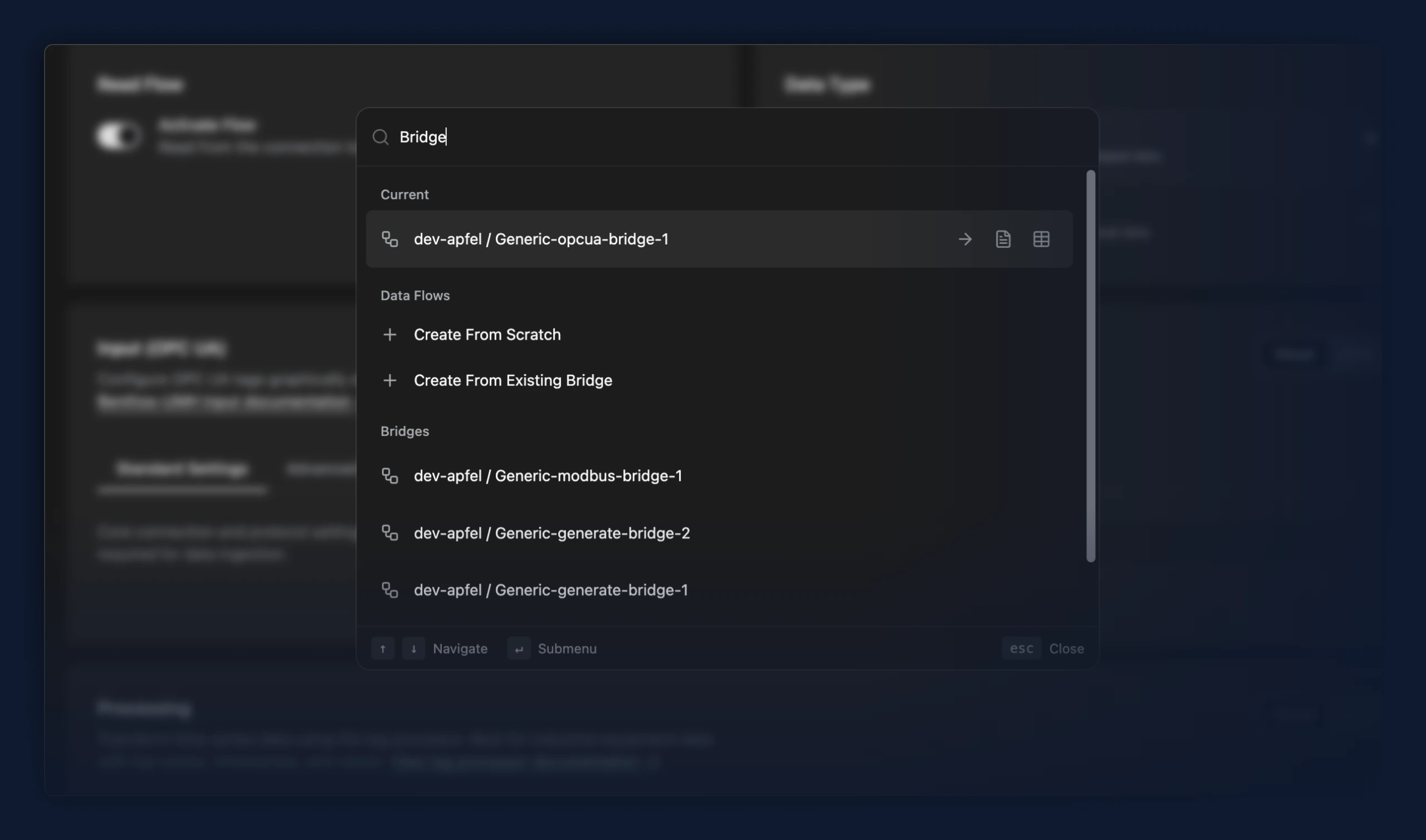 Command palette open over a blurred data-flows table, a search field reading 