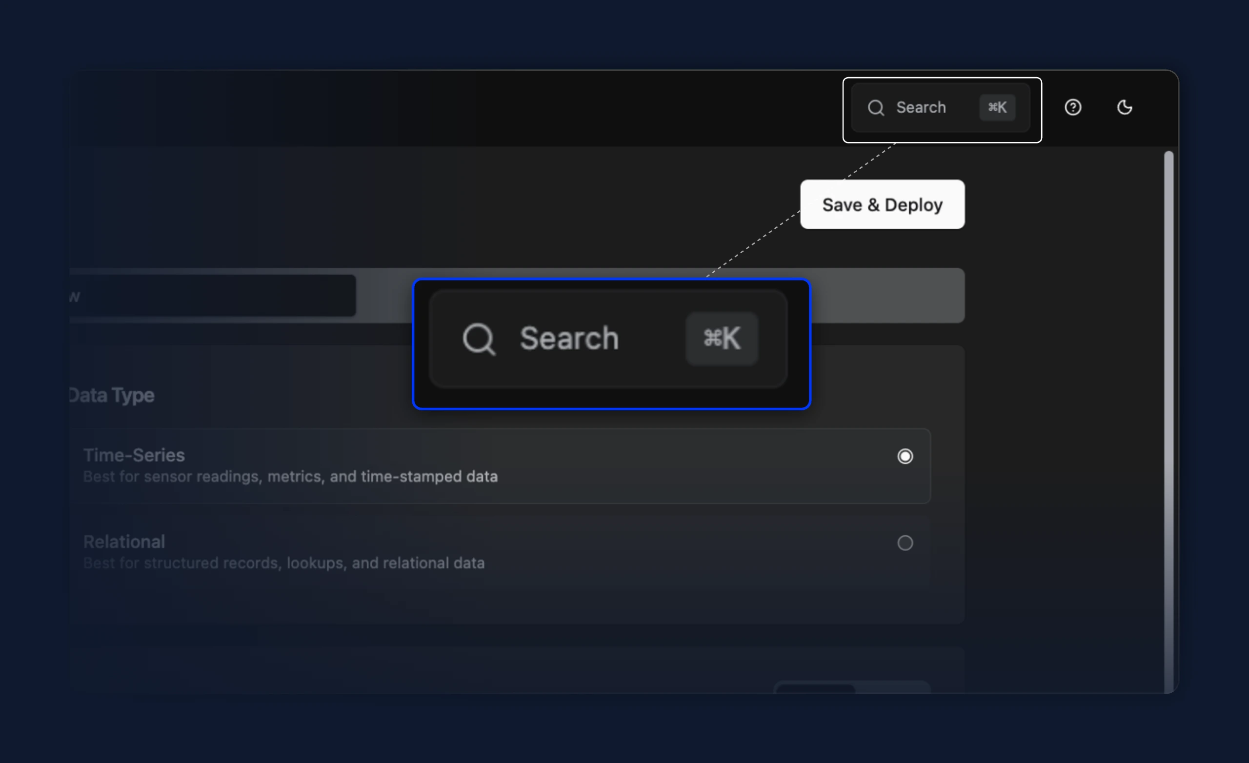 Top-right header with a search pill reading 