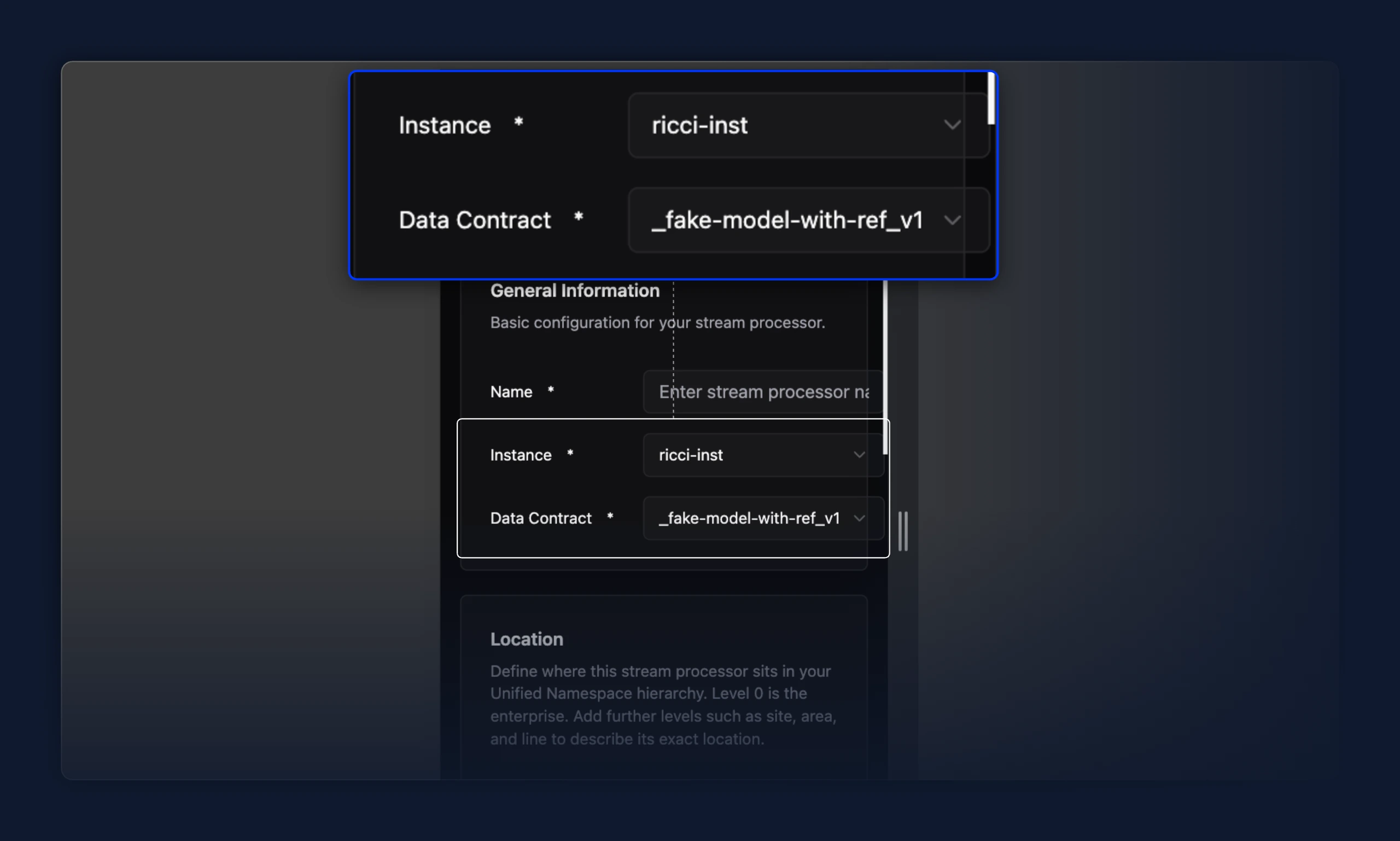 Data Contract select stretched wide by a long value, pushing the field box and card border past their normal edges
