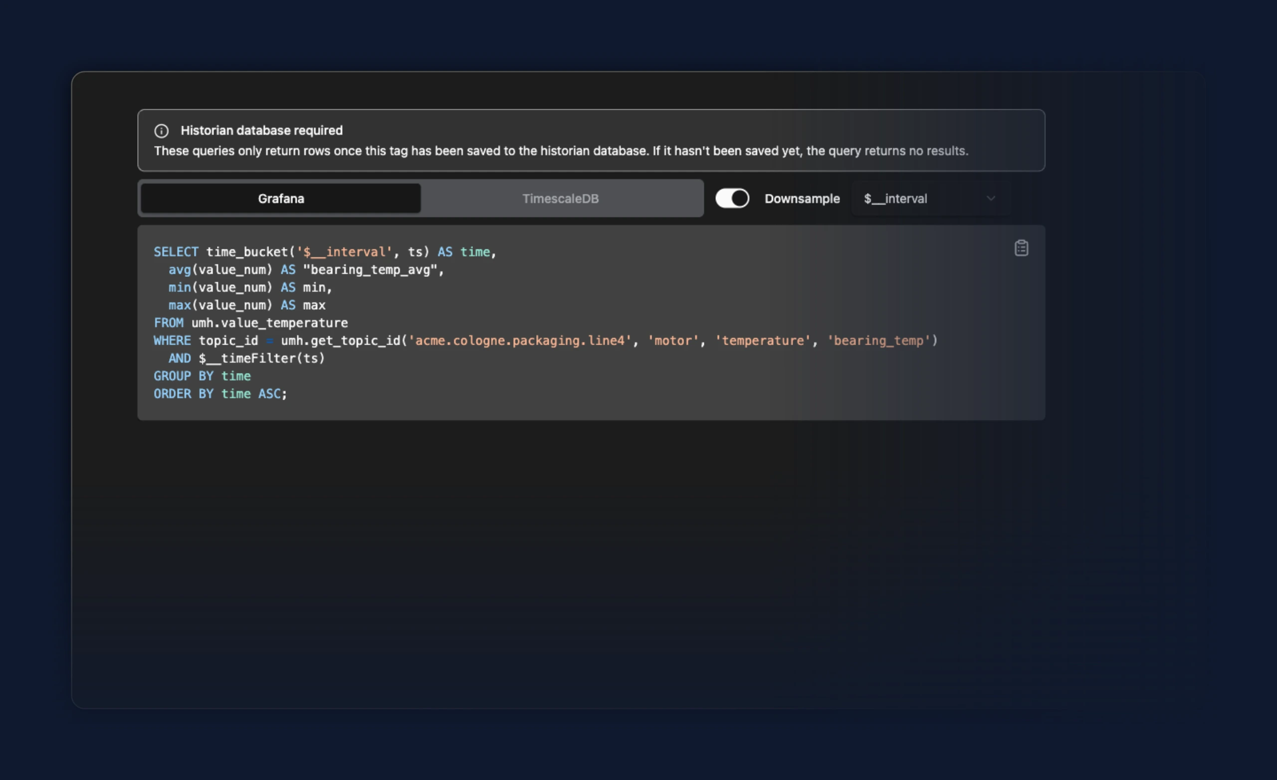 Historian query panel in the topic browser: a 