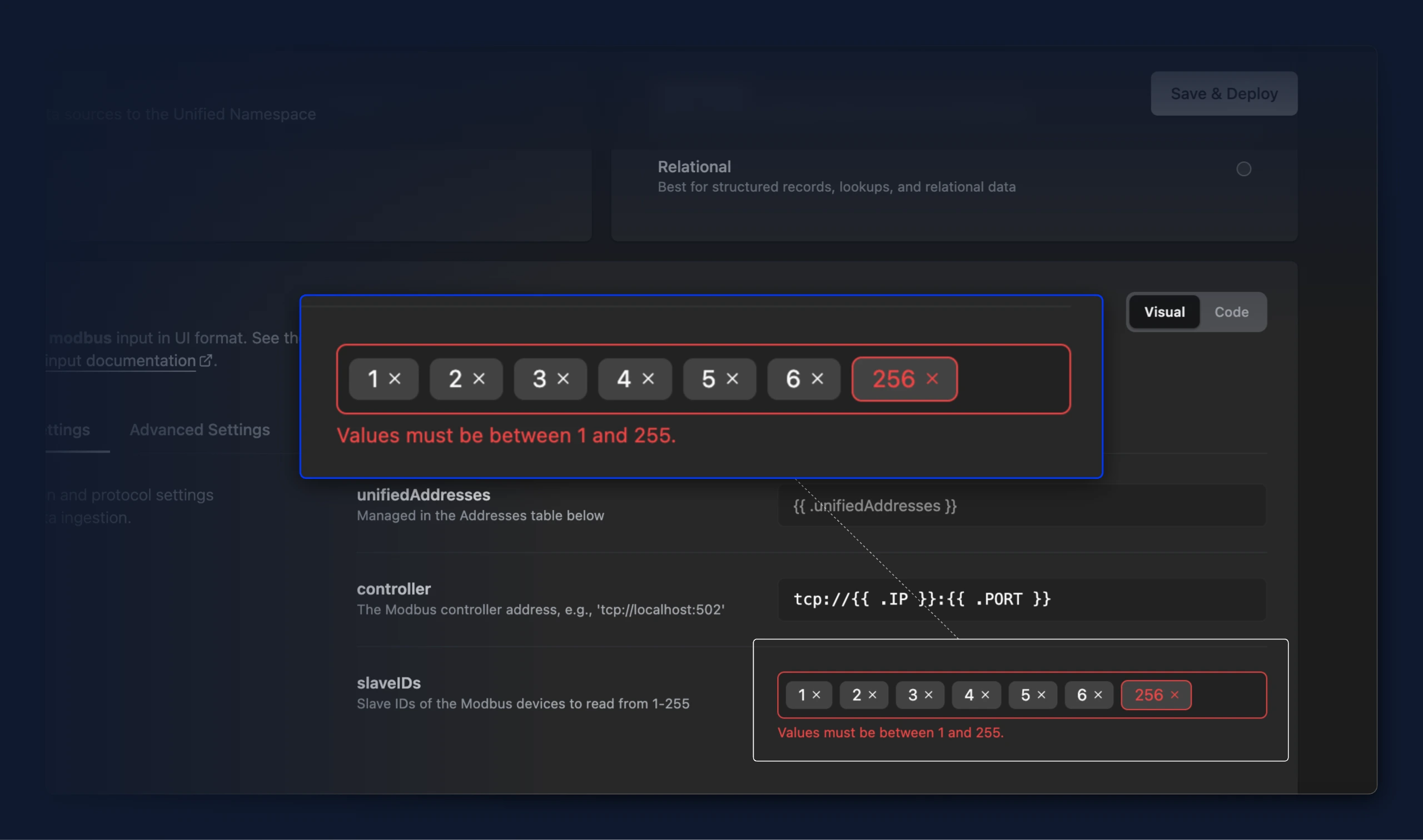 Modbus bridge input in visual mode showing the slave IDs list with the value 256 highlighted in red while the Save & Deploy button is disabled and its tooltip reads that the value is out of range