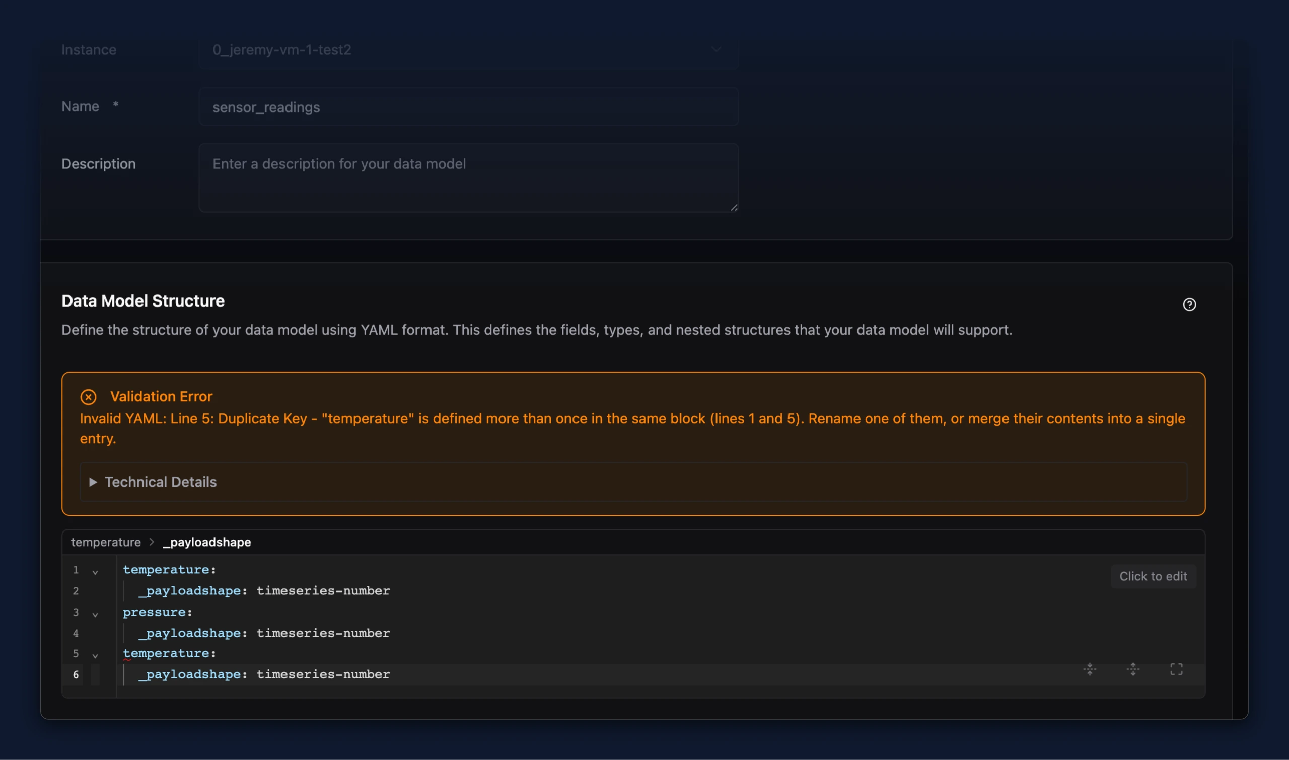 Add Data Model page showing a Validation Error above the YAML editor that reads: Invalid YAML: Line 5: Duplicate Key -