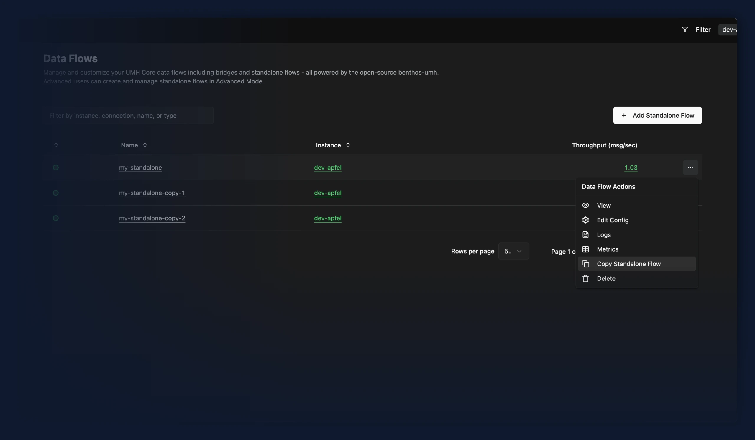 Row menu on a standalone flow in the Data Flows list, open on a Copy Standalone Flow entry