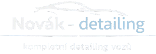 Logo společnosti, v pozadí silueta auta a předtím je napsáno bíle Novák pomlčka lehká modrá detailing a pod tím je text kompletní detailing vozů
