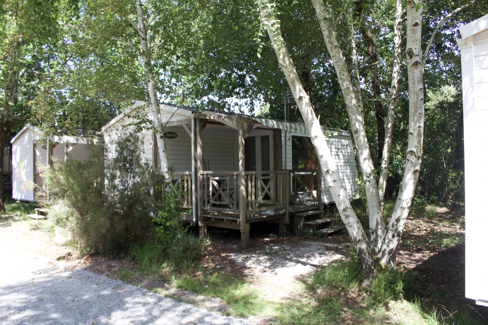 Mobil-home climatisé avec terrasse en bois sous les arbres