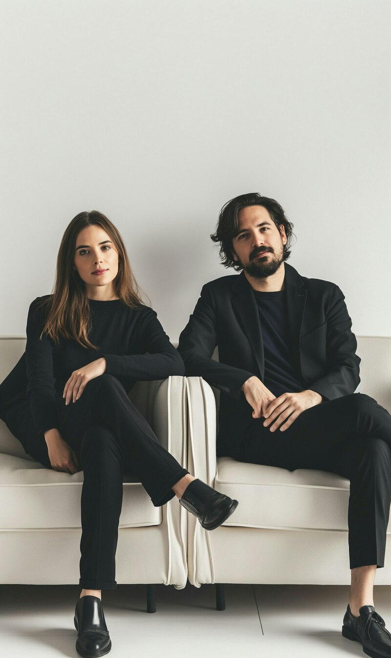 Young man and woman sitting side by side on a white sofa, both dressed in black outfits with neutral expressions.