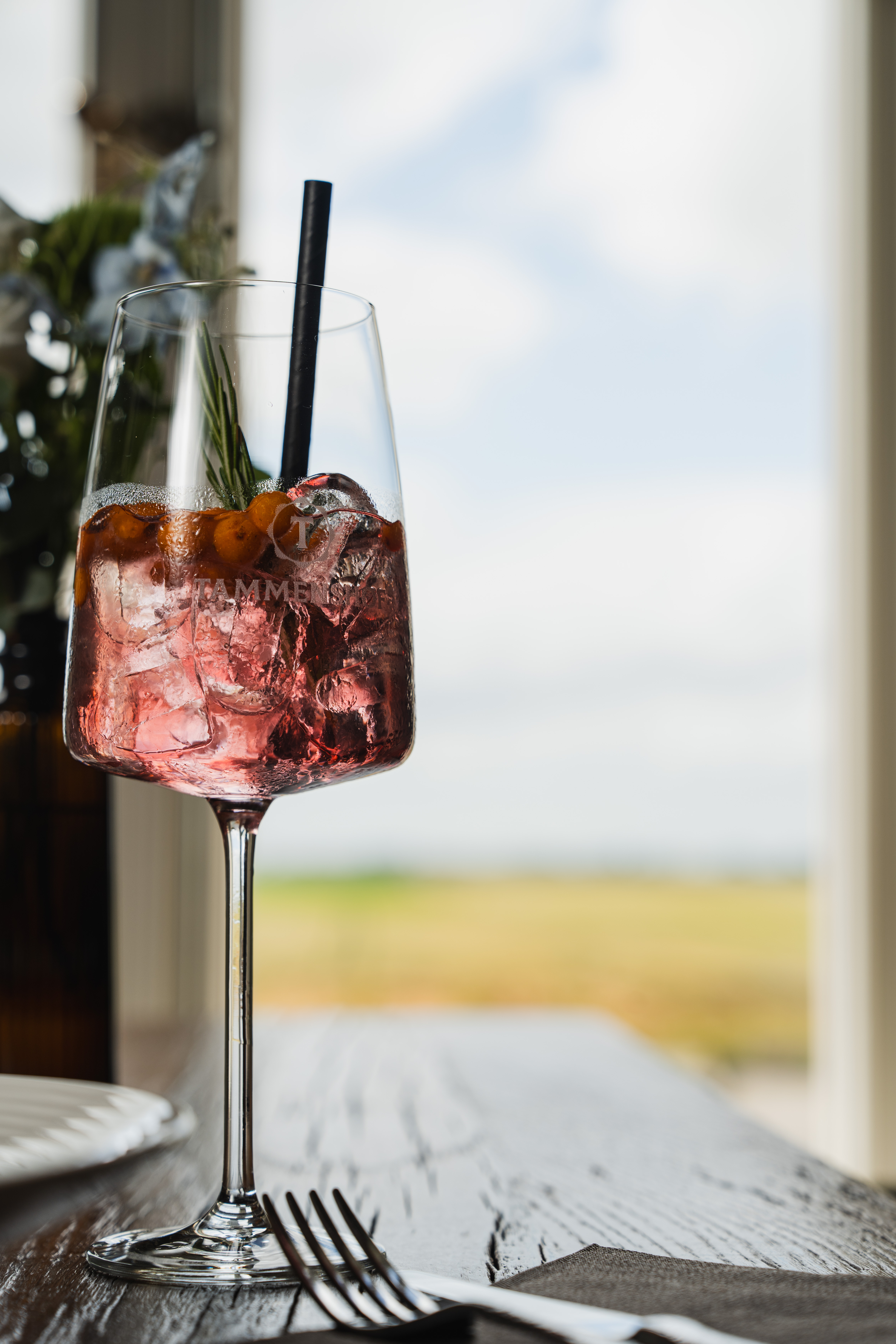 Summer drink with berries and ice in front of the open landscape outside Tammenshof.