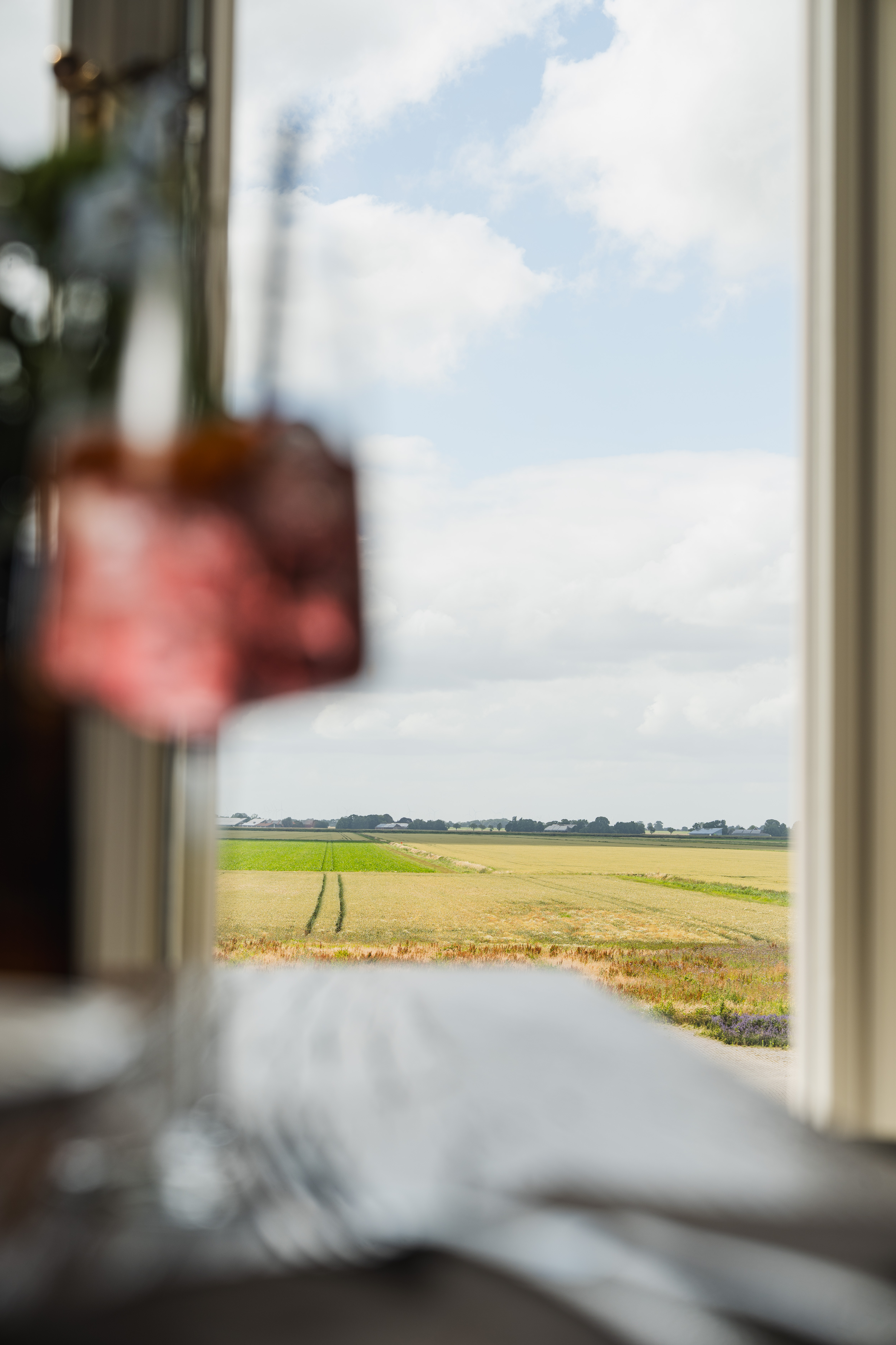 View across the surrounding landscape from Tammenshof with a blurred wine glass in the foreground.