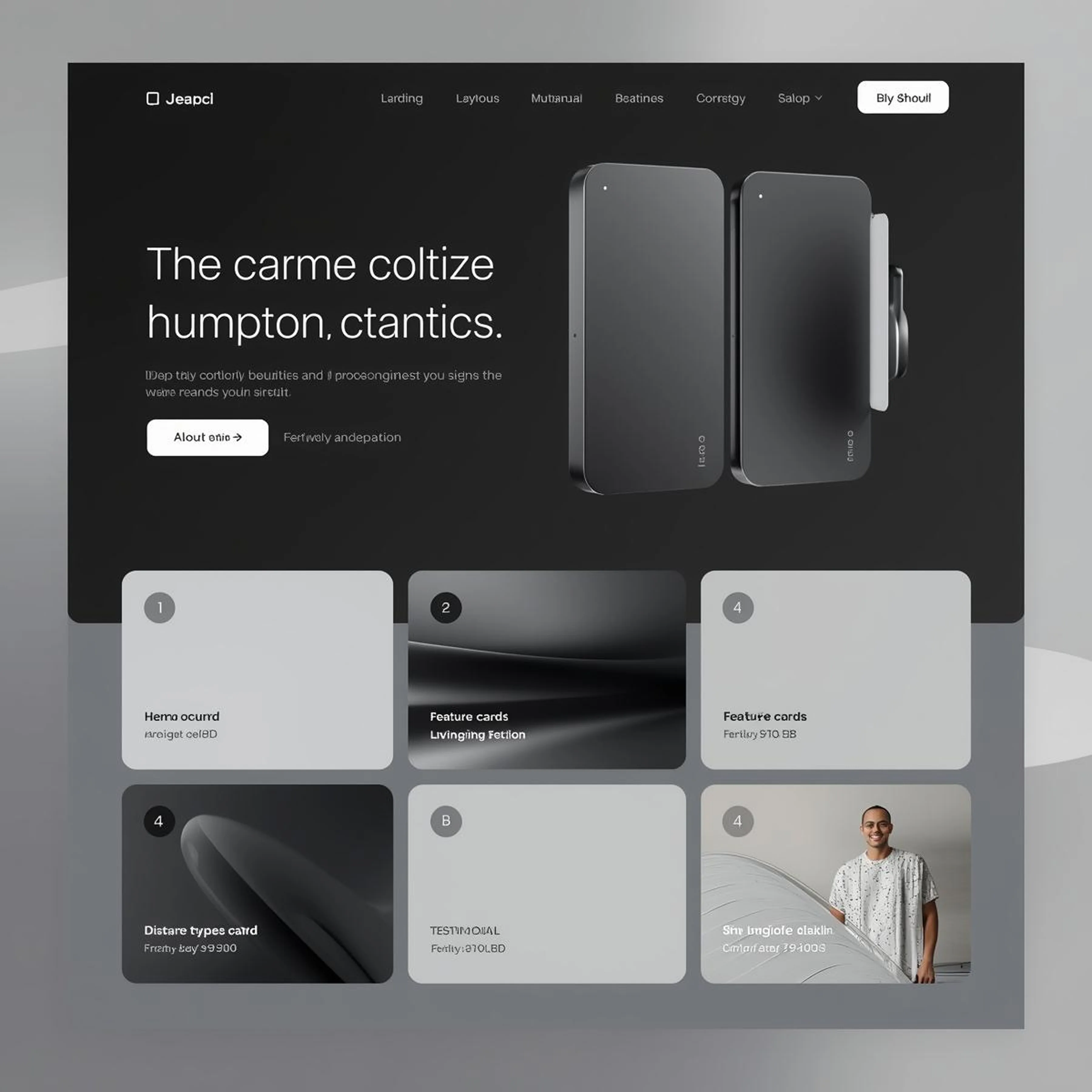 Dark-themed website mockup with two black sleek rectangular devices displayed prominently and various content cards below.