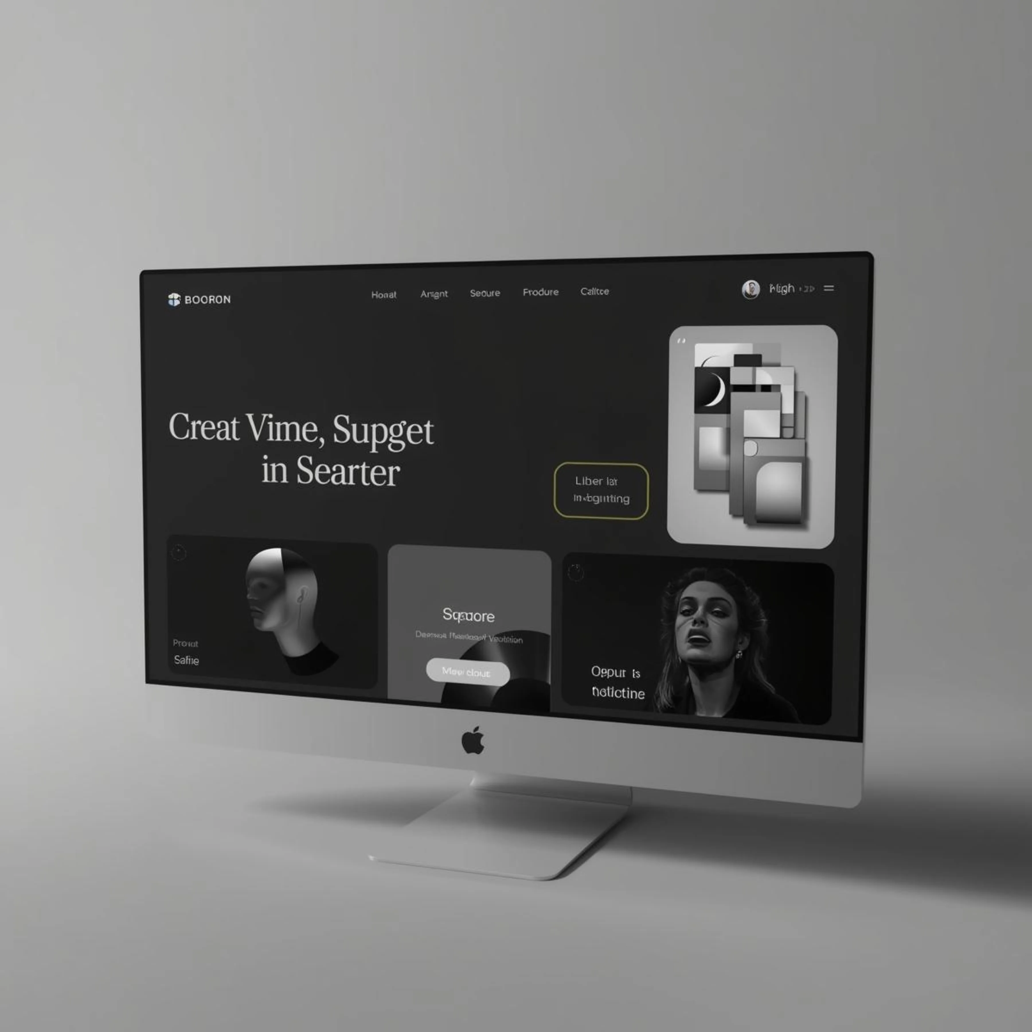 iMac desktop displaying a modern website interface with abstract design elements and a portrait of a woman.