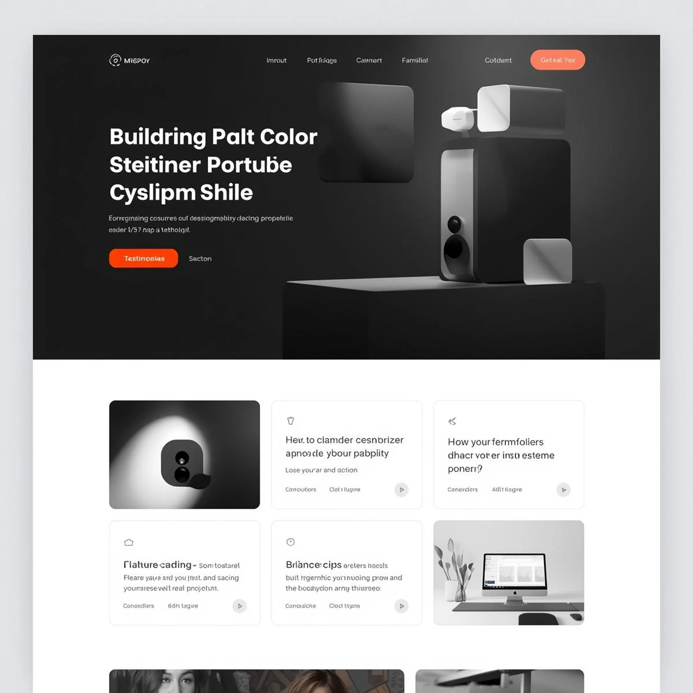 Website homepage design featuring a dark header with abstract black and white speaker-like shapes, bold white headline text, an orange call-to-action button, and a grid layout of content cards below.