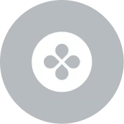 White circle with a black four-leaf clover-like symbol inside on a dark blue circular background.