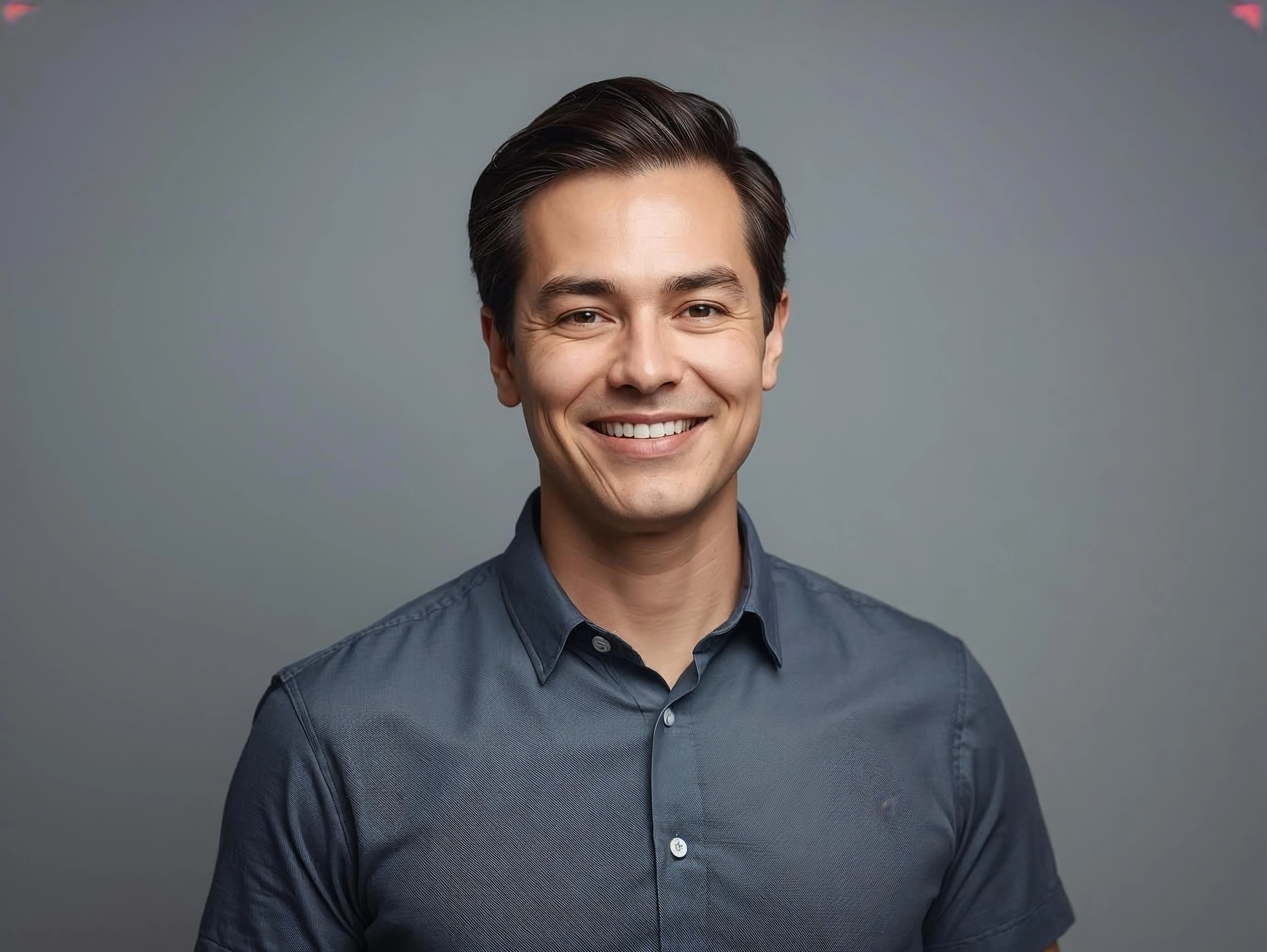 Smiling man with dark hair wearing a gray button-up shirt against a plain gray background.