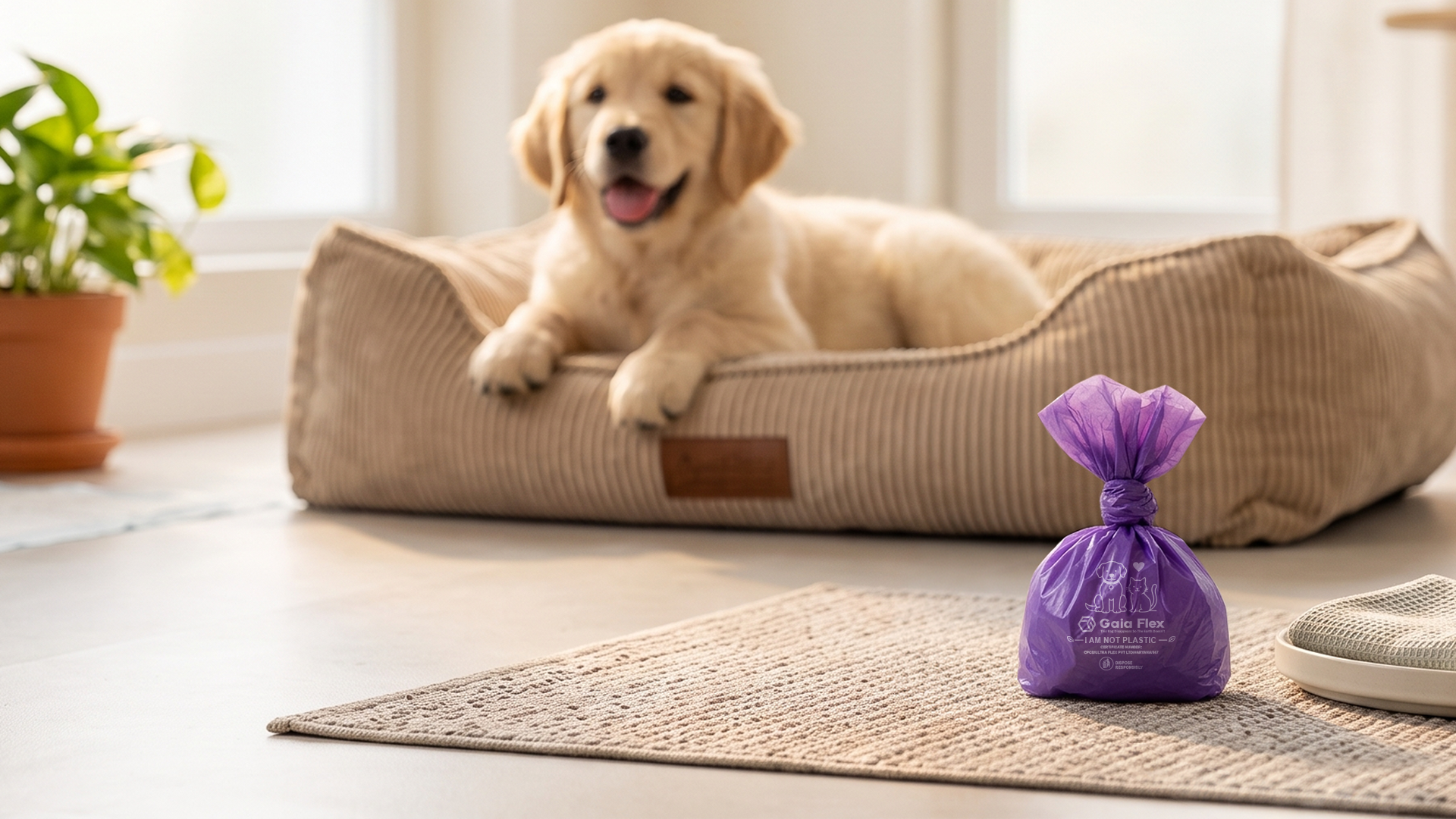Compostable pet waste bags for indoor pet care
