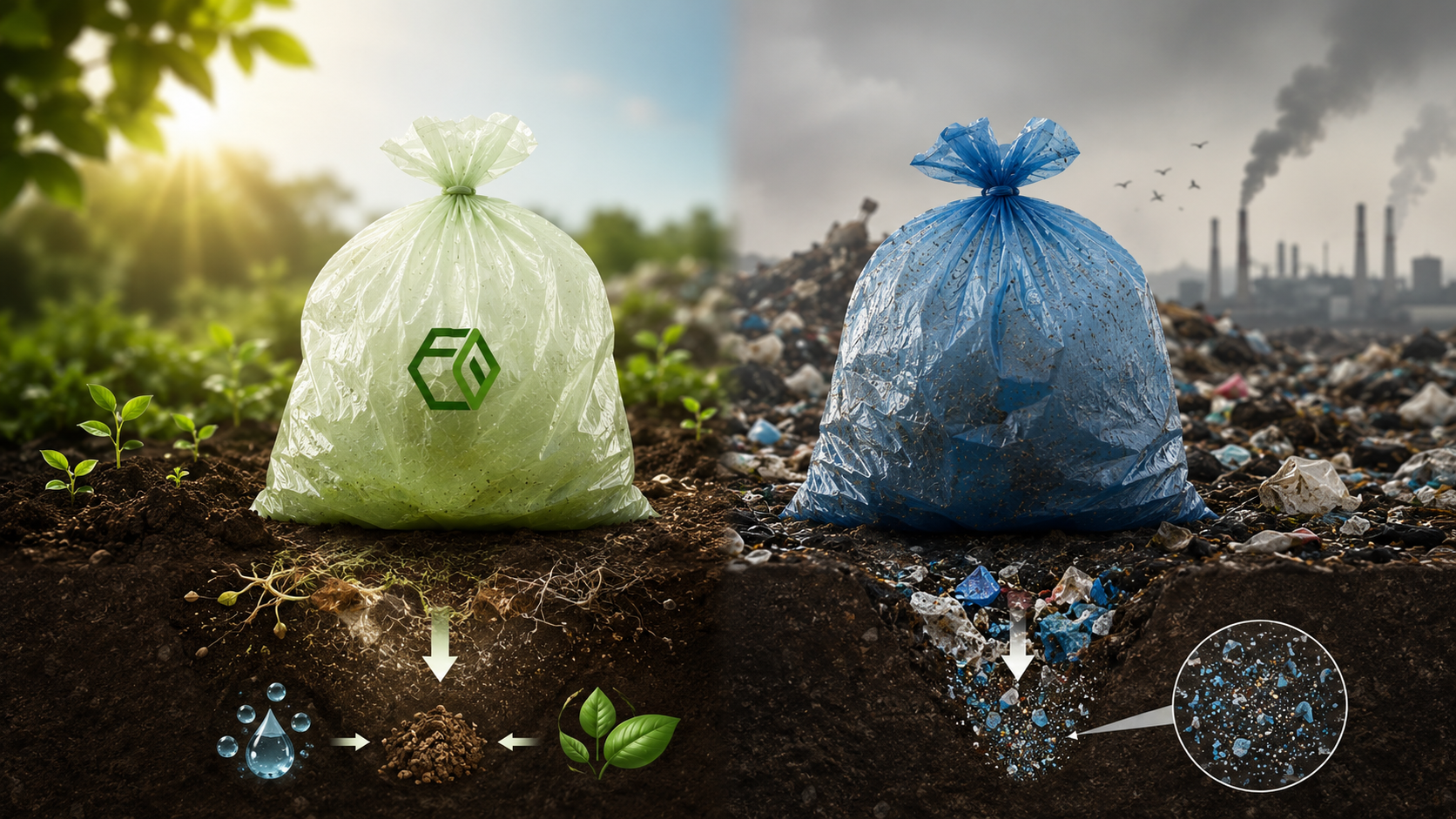 Certified compostable bag compared with a regular plastic bag