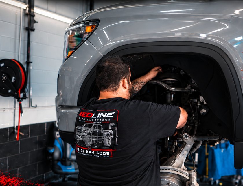 Technician installing a leveling kit