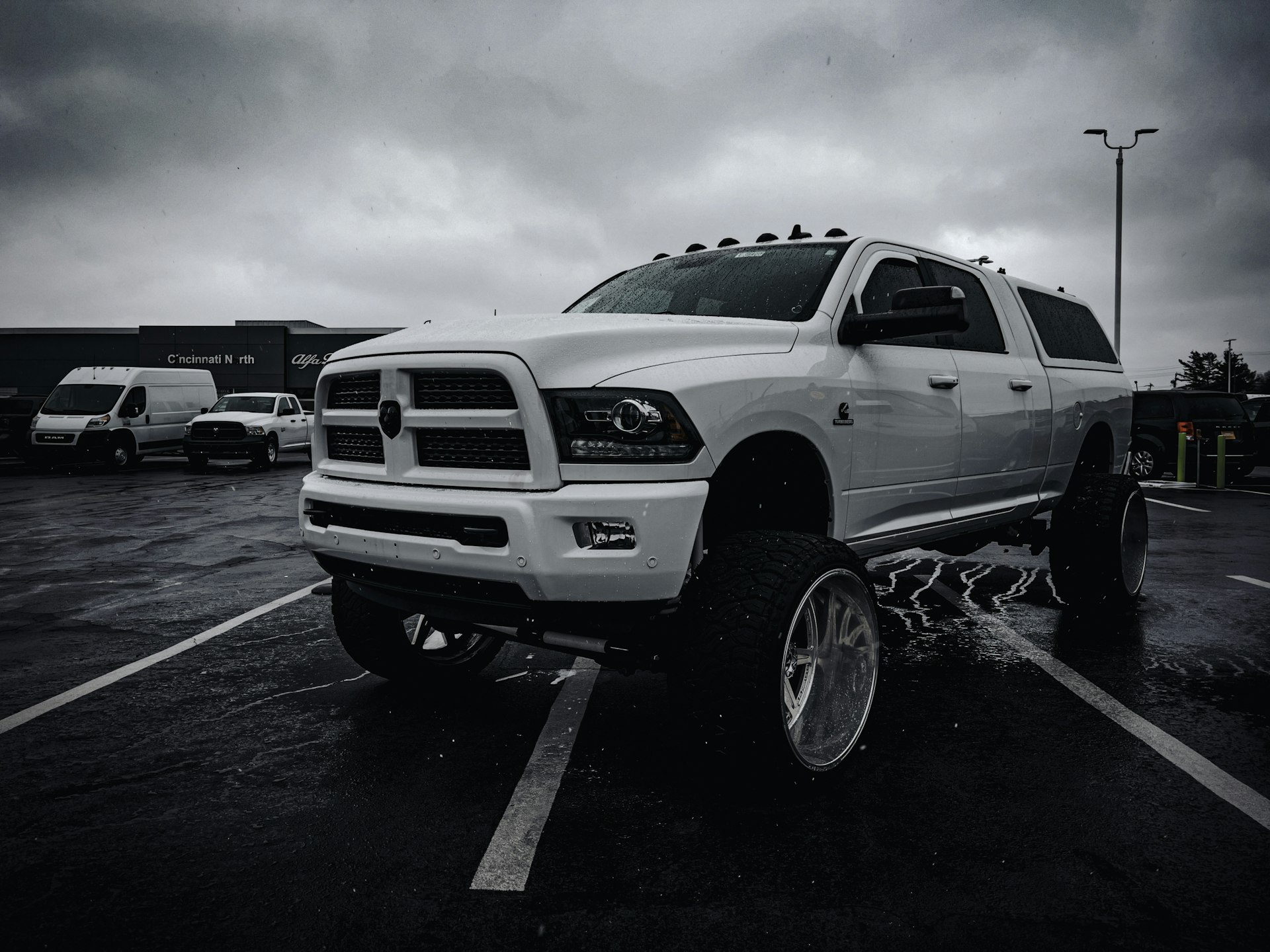 Large white truck with custom accessories