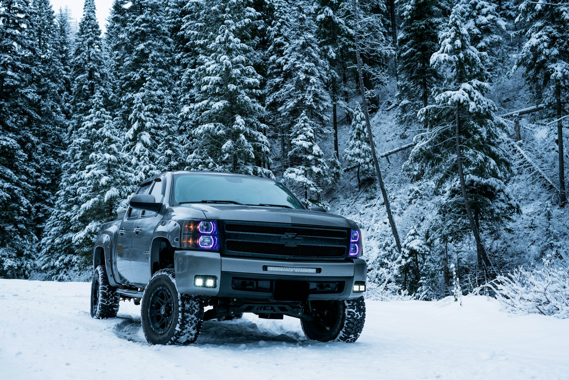 Gray pickup truck with aftermarket upgrades