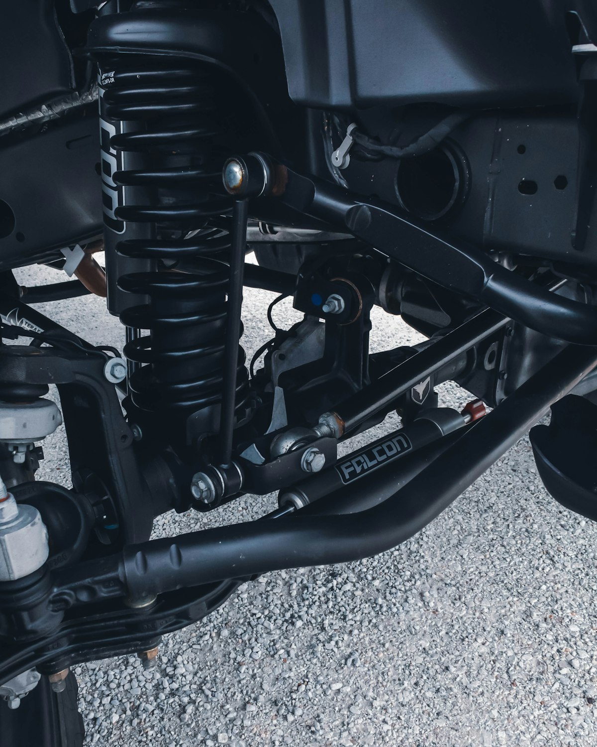 Close-up of front suspension components
