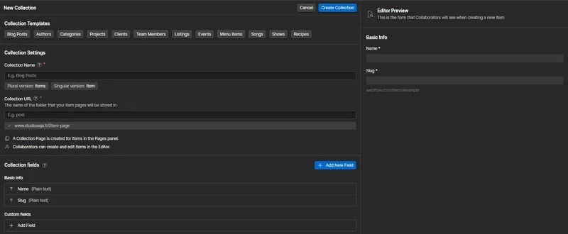 capture d'écran des collections de webflow