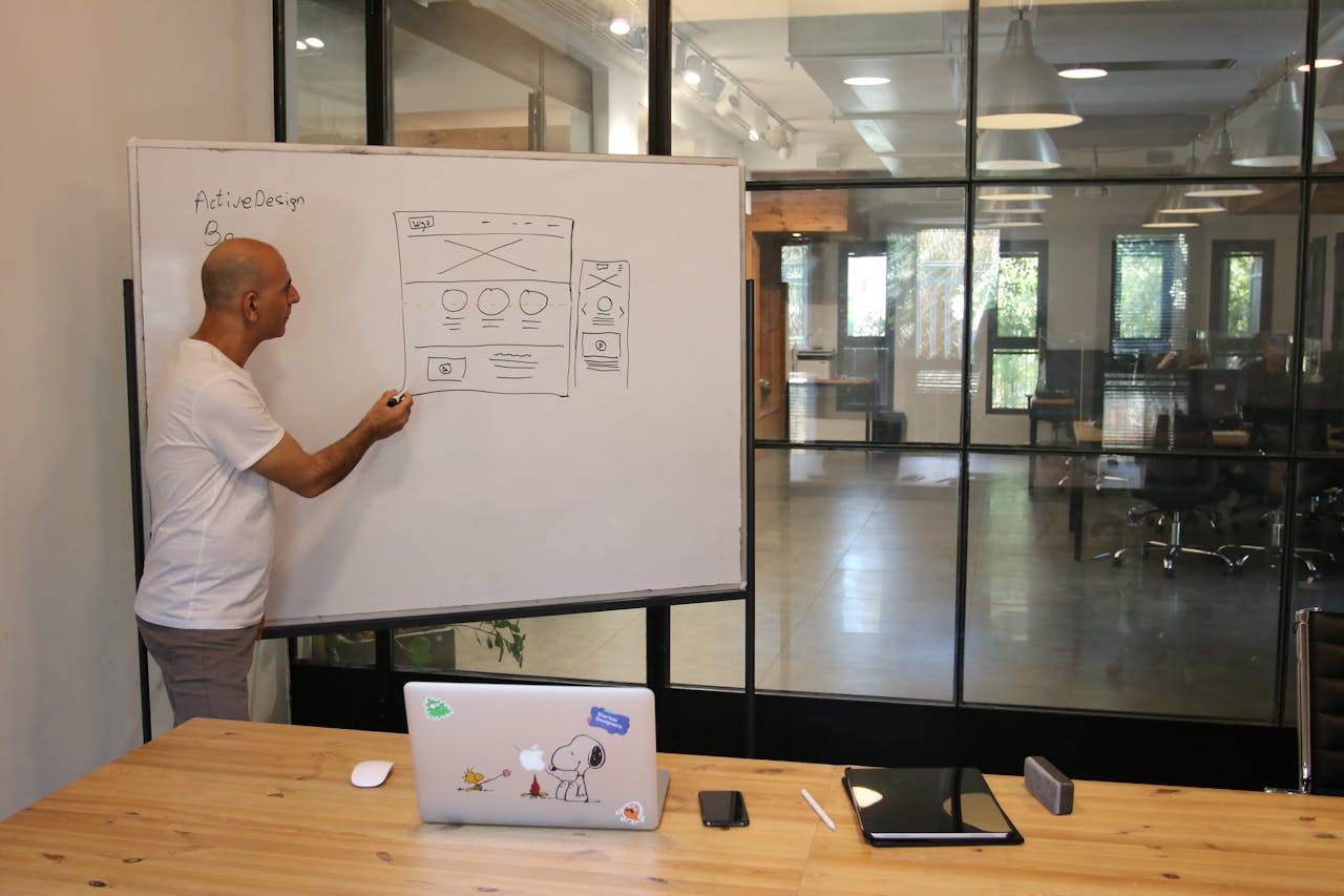 Équipe créative en réunion autour d'un tableau blanc travaillant sur le storytelling de marque pour un site web