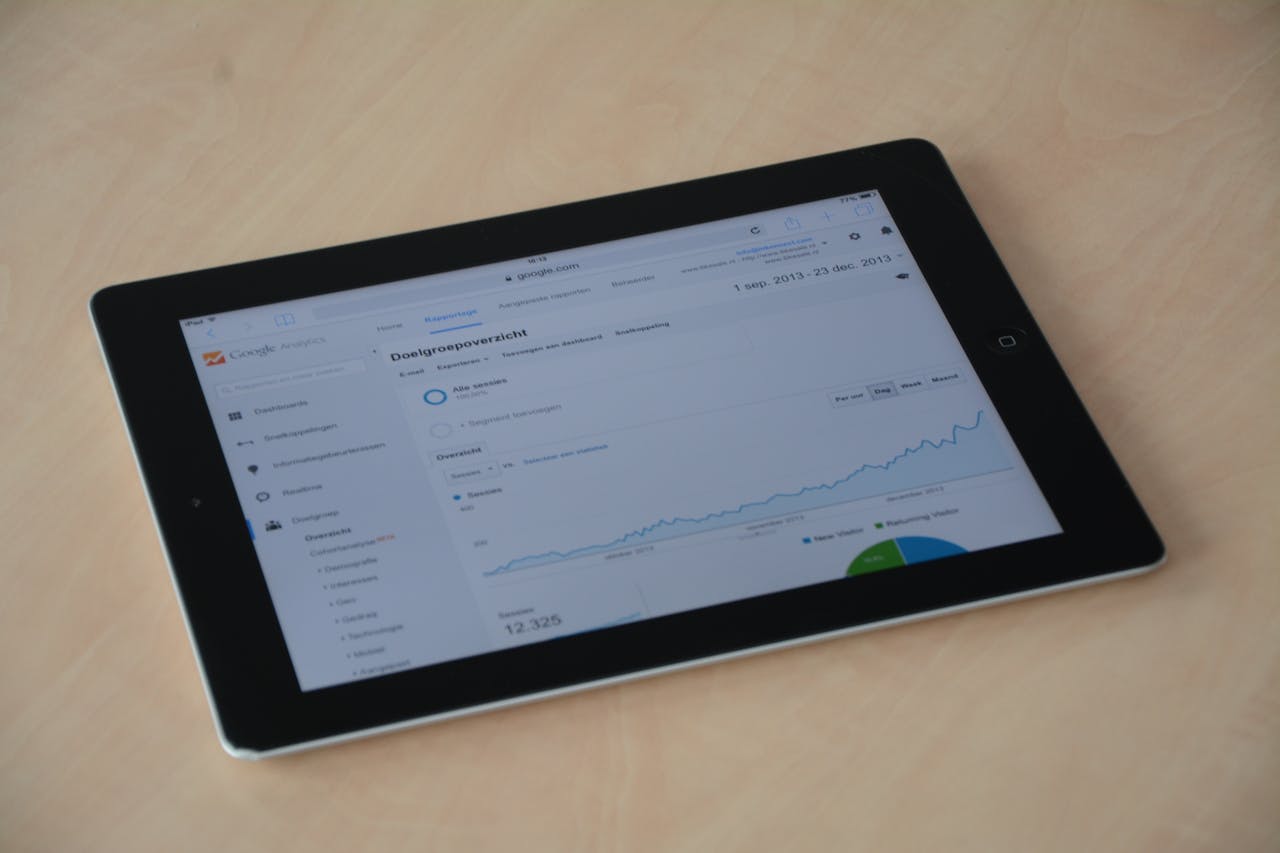 Tableau de bord analytics affichant des métriques de performance d'un site web, illustrant le suivi du retour sur investissement
