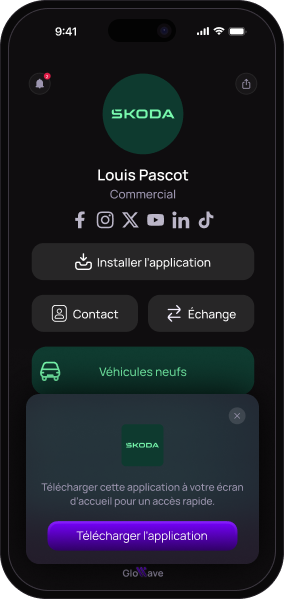 Smartphone screen displaying Skoda commercial profile with options to install the app, contact, exchange, and a prompt to download the app for quick access.