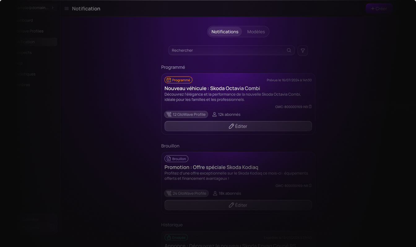GloWave — Interface de gestion des notifications