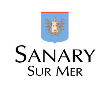 Blason de Sanary-sur-Mer avec une tour dorée, une croix, des herbes sur fond bleu et un bandeau orange en haut.
