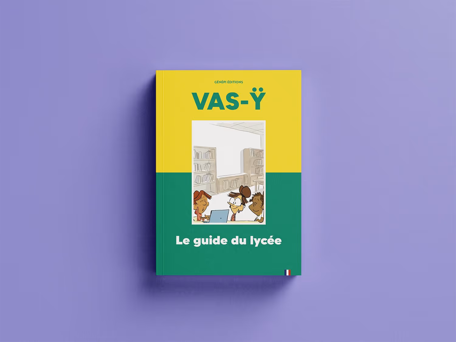 Couverture d'un livre intitulé « Vas-y » avec une illustration de trois jeunes dans une bibliothèque et le sous-titre « Le guide du lycée ».