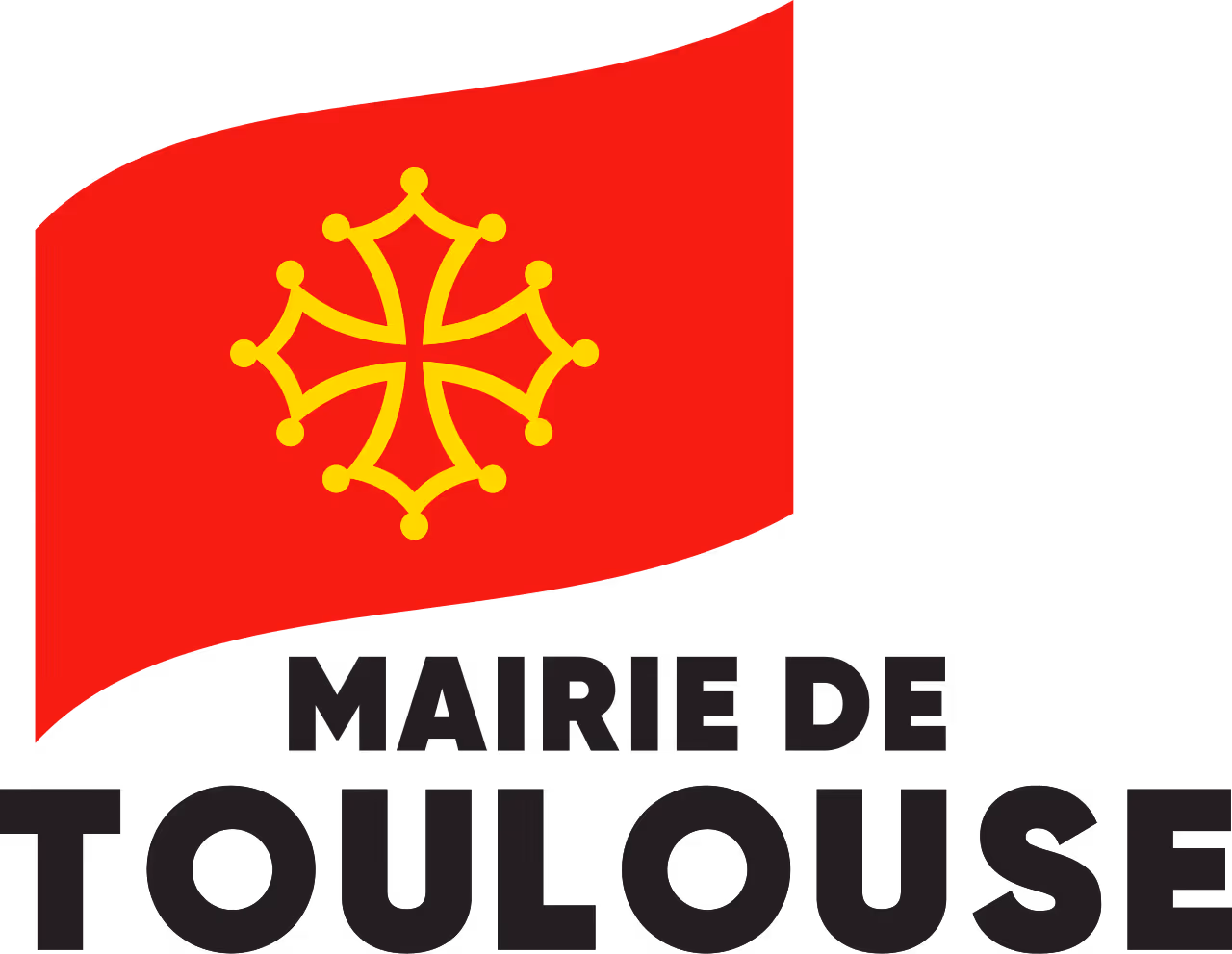 Drapeau rouge avec croix occitane jaune au centre, texte 'Mairie de Toulouse' en dessous.