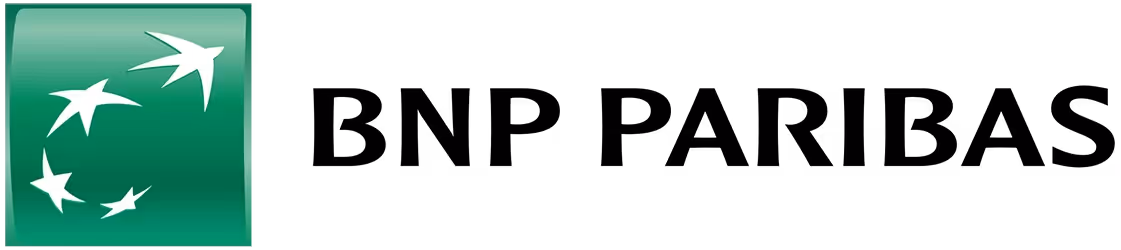 Logo de BNP Paribas avec cinq hirondelles blanches sur un carré vert dégradé à gauche et le nom BNP PARIBAS en texte noir à droite.