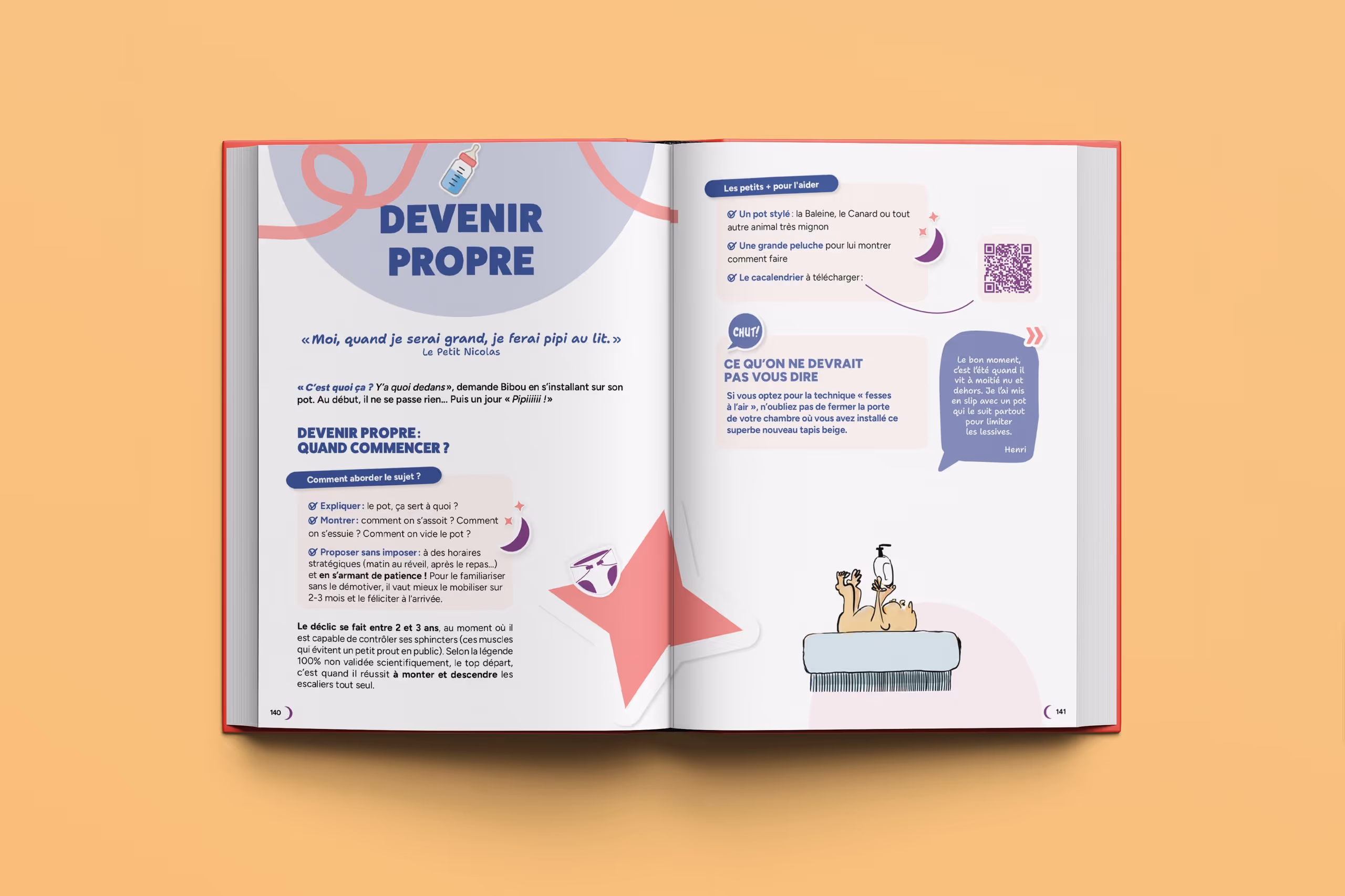 Page de livre illustrée expliquant comment apprendre la propreté aux enfants avec conseils et citations, incluant un dessin humoristique d'un enfant allongé.