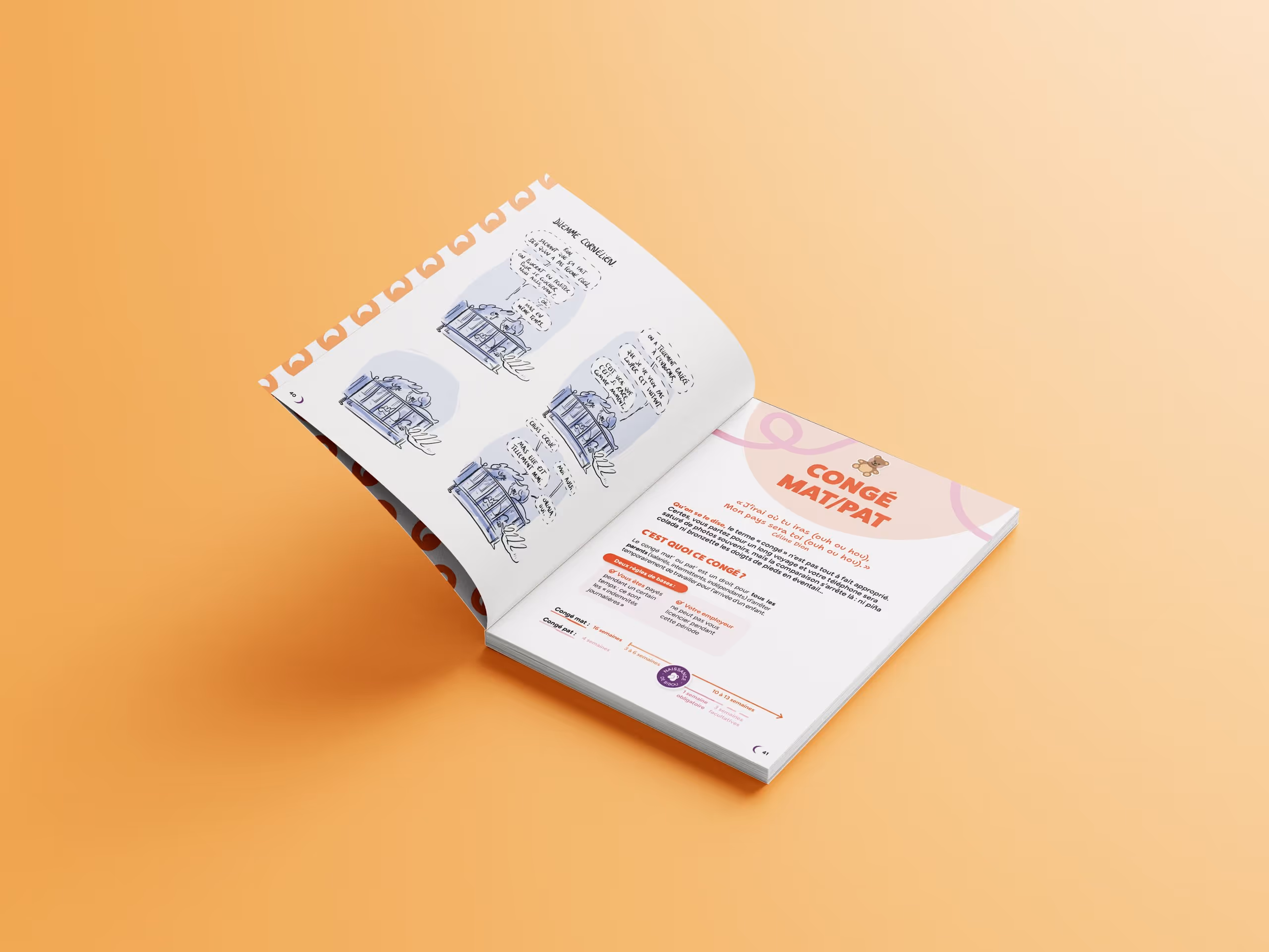 Livre ouvert sur une page expliquant le congé maternité en français avec une illustration de personnage dans un berceau.