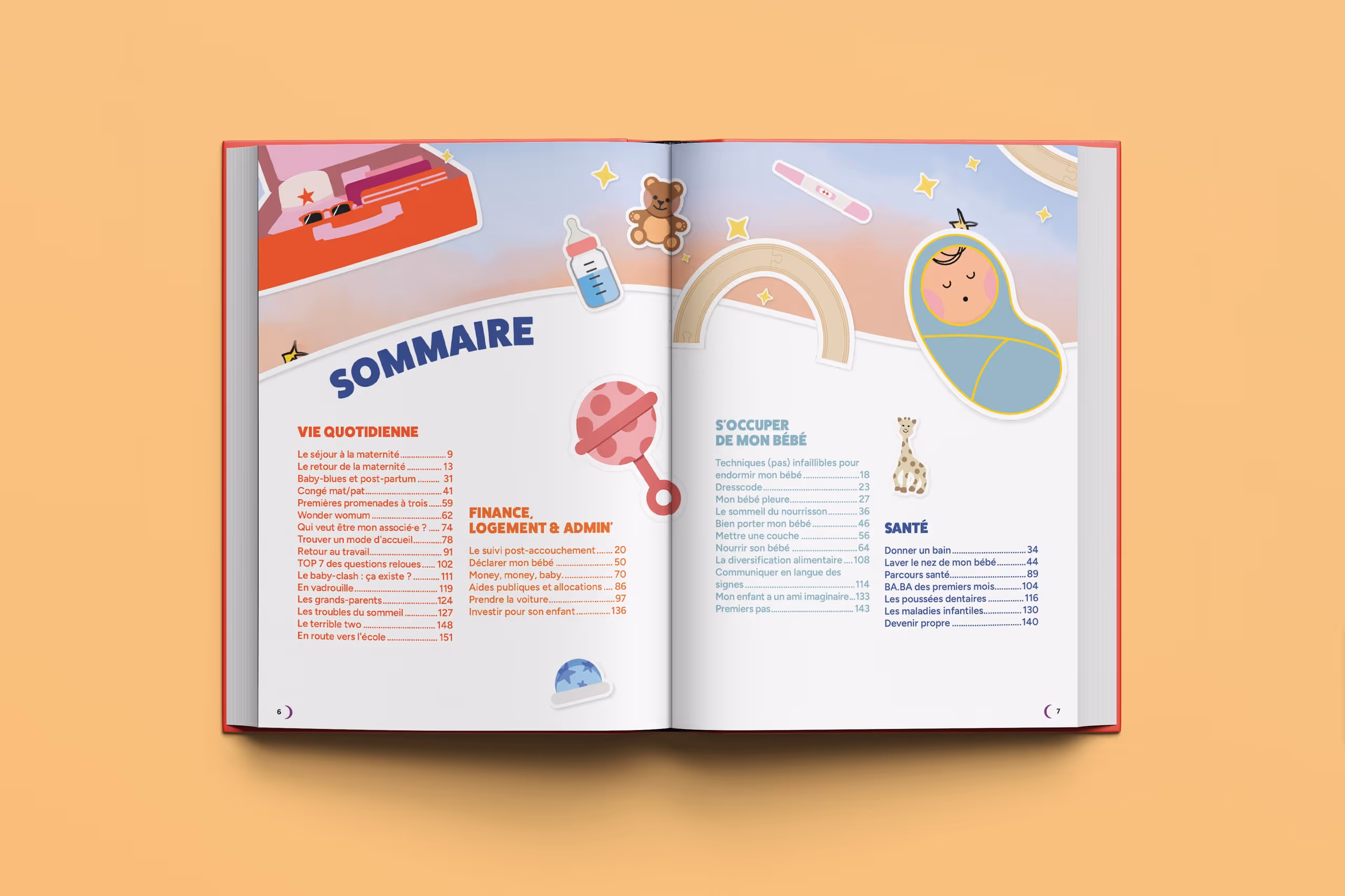 Sommaire d'un livre pour parents contenant des sections sur la vie quotidienne, finance, logement et administration, soins du bébé et santé, avec illustrations de bébé, jouets et accessoires.