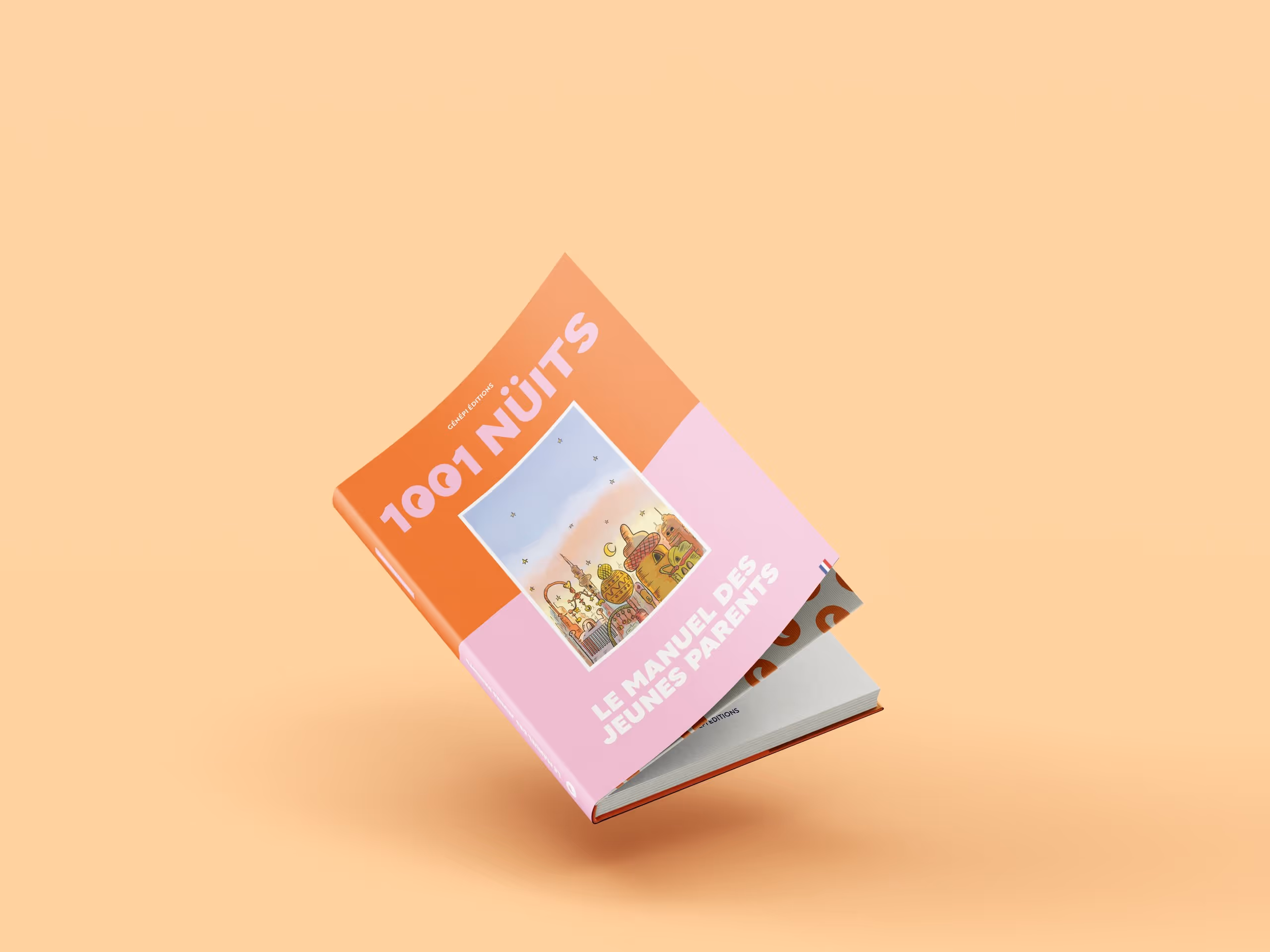 Un livre flottant avec une couverture orange et rose intitulée '1001 Nuits : Le manuel des jeunes parents' présentant une illustration d'un paysage oriental.