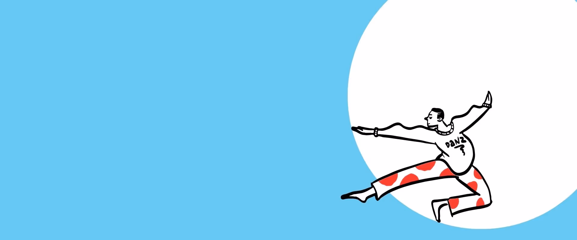 Illustration d'une personne en saut de danse avec un grand cercle blanc derrière sur fond bleu clair.