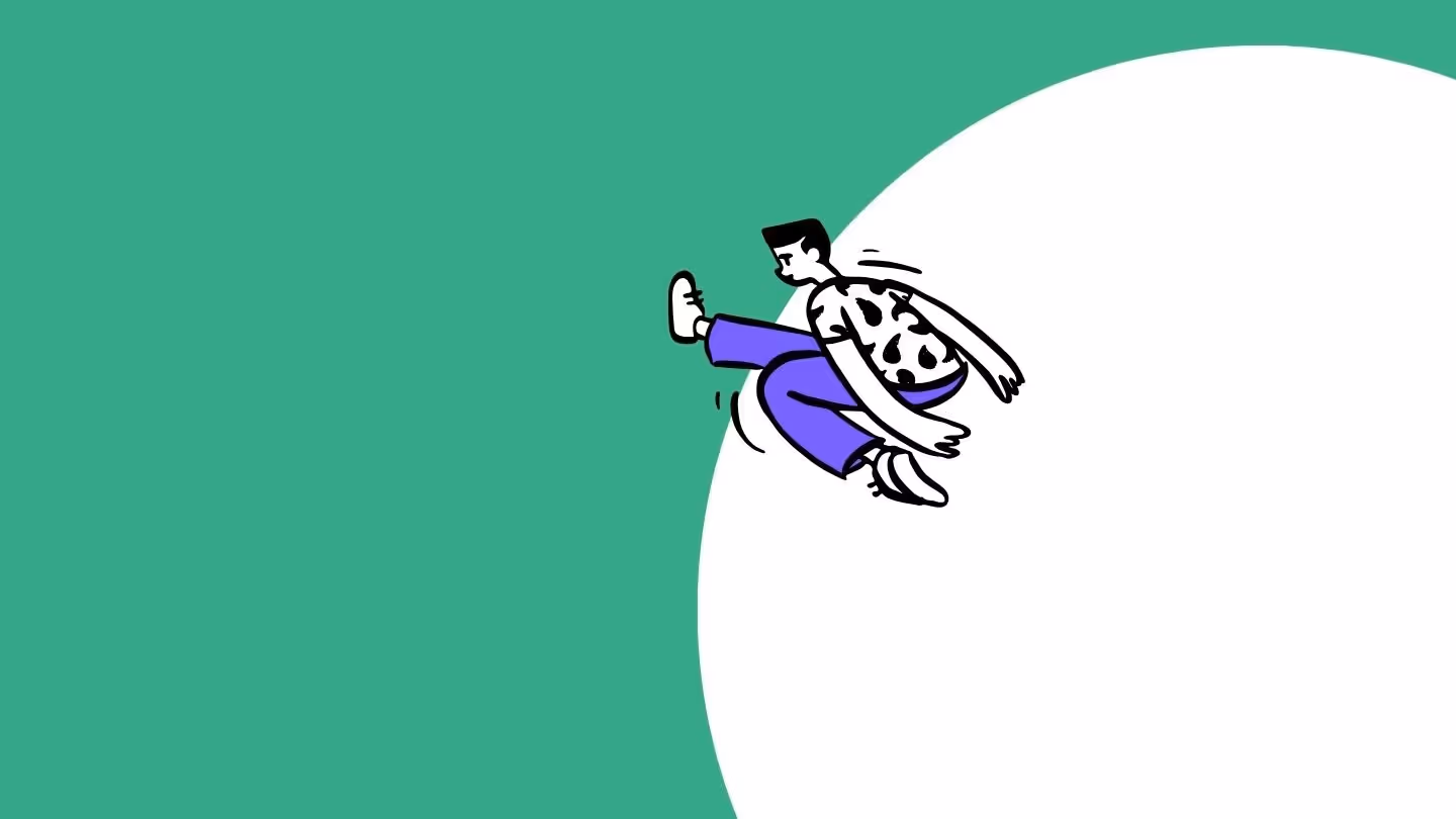 Illustration d'un homme sautant avec les jambes pliées sur un fond vert et blanc.