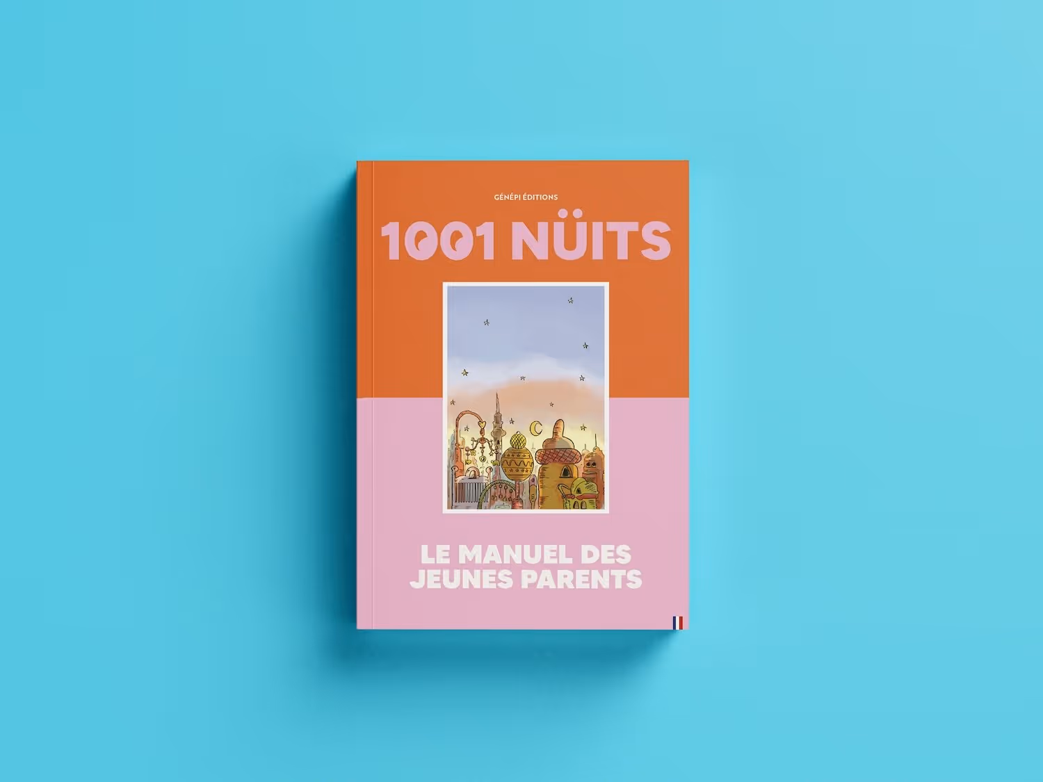 Livre intitulé « 1001 Nuits » avec illustration de bâtiments orientaux au coucher du soleil sur fond bleu.