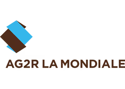 Logo d'AG2R LA MONDIALE avec un symbole géométrique bleu et marron.