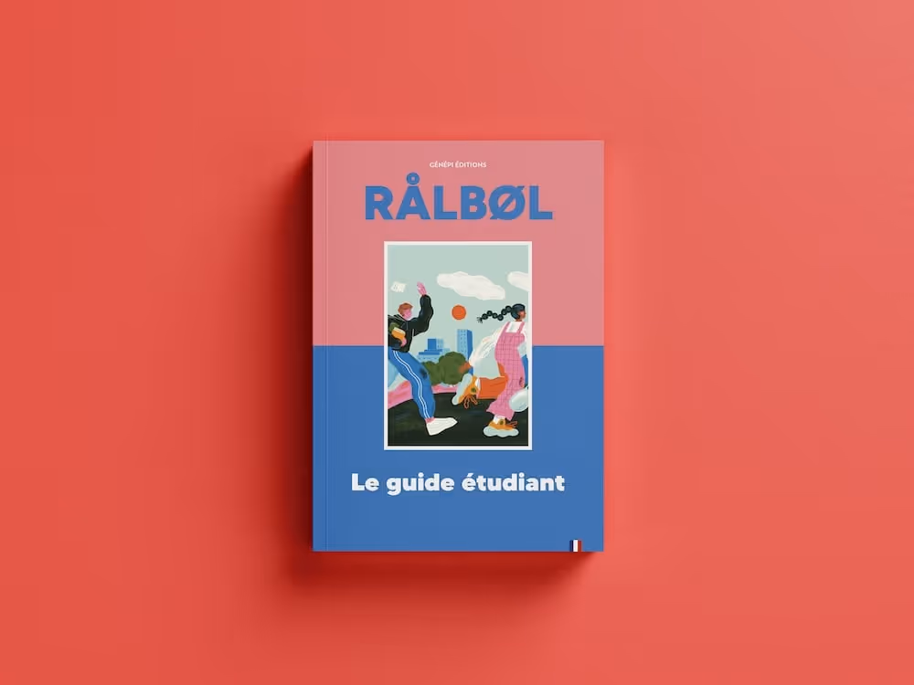 Couverture d'un livre intitulé RÅLBØL avec une illustration de deux personnes marchant avec un chien, sous-titré Le guide étudiant.