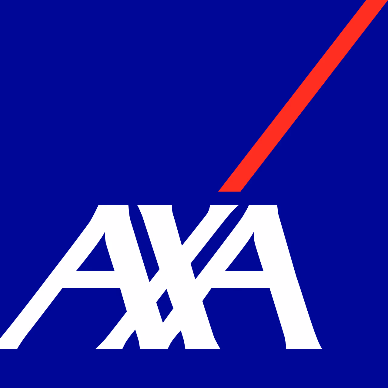 Logo AXA en blanc sur fond bleu avec un trait rouge diagonal.