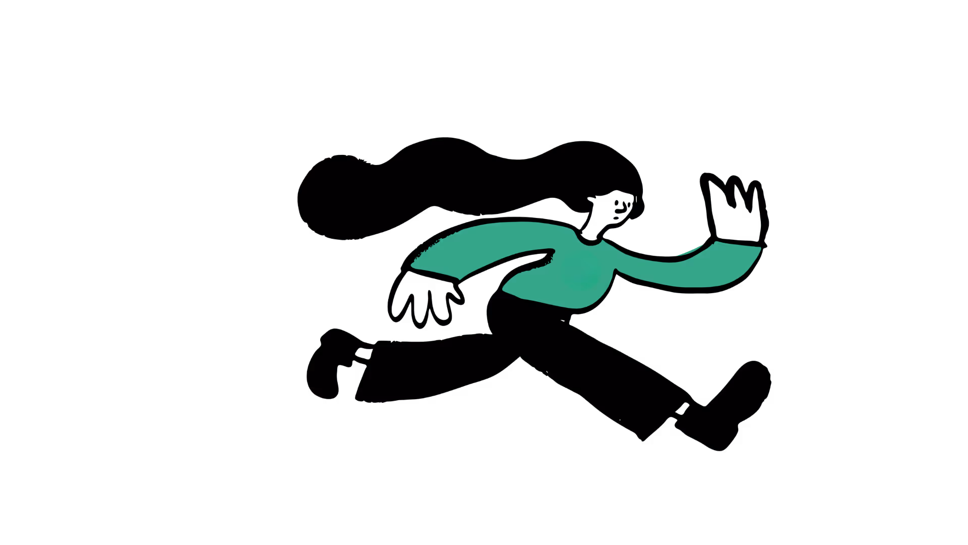 Illustration d'une femme aux cheveux longs courant avec un haut vert et un pantalon noir.