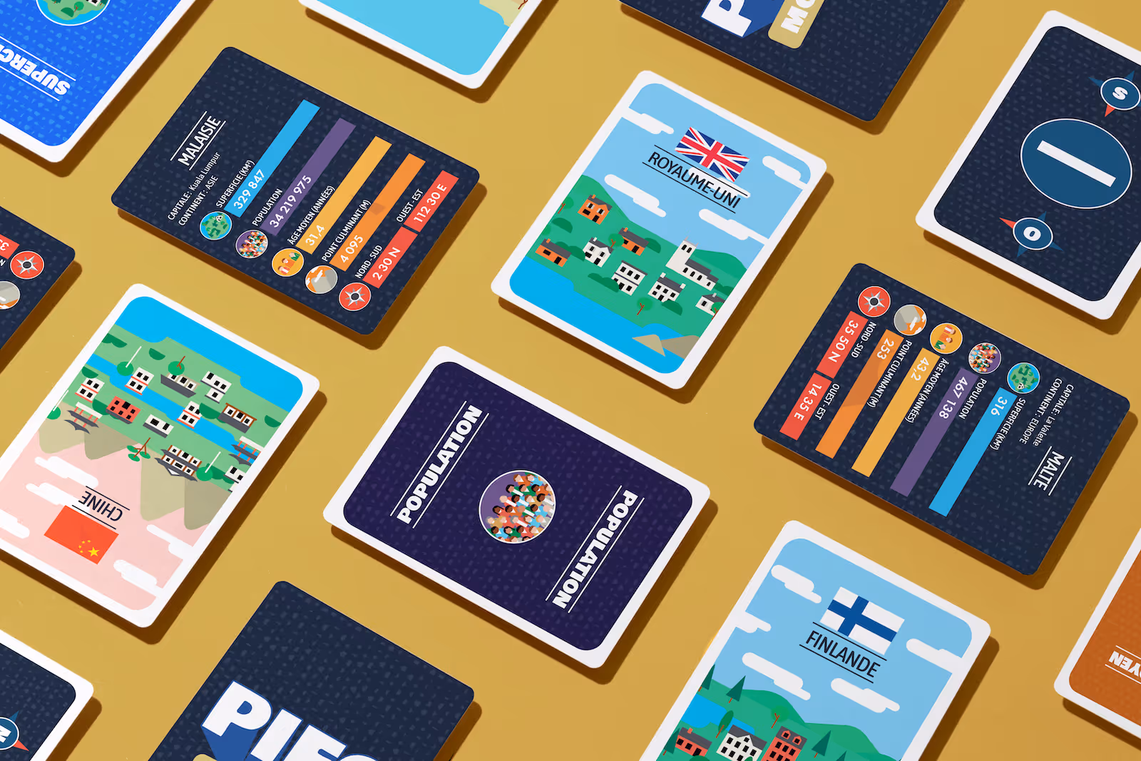 Cartes colorées éparpillées représentant des pays avec leur drapeau, des illustrations de villes et des cartes statistiques sur la population et la superficie.