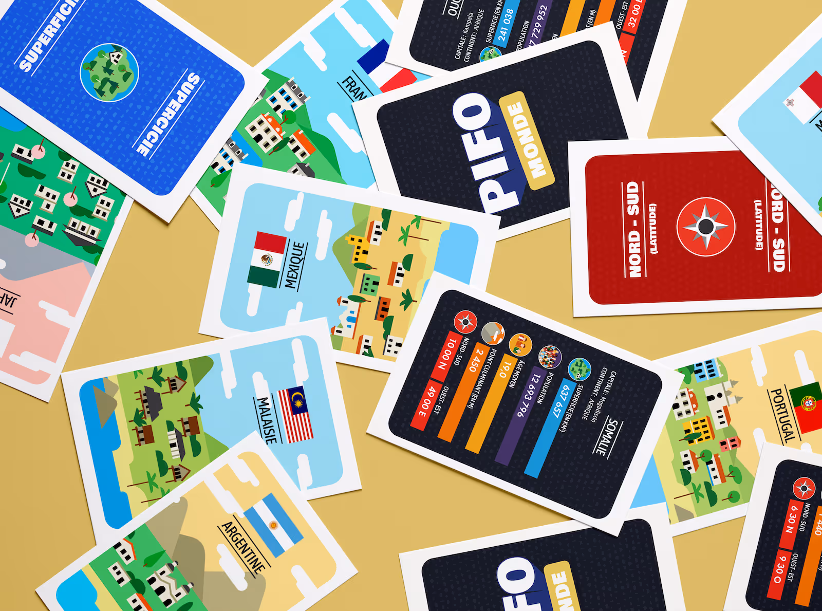 Cartes éducatives illustrées présentant des pays comme le Mexique, la Malaisie, l'Argentine, et la Somalie avec des infos géographiques et démographiques en français.