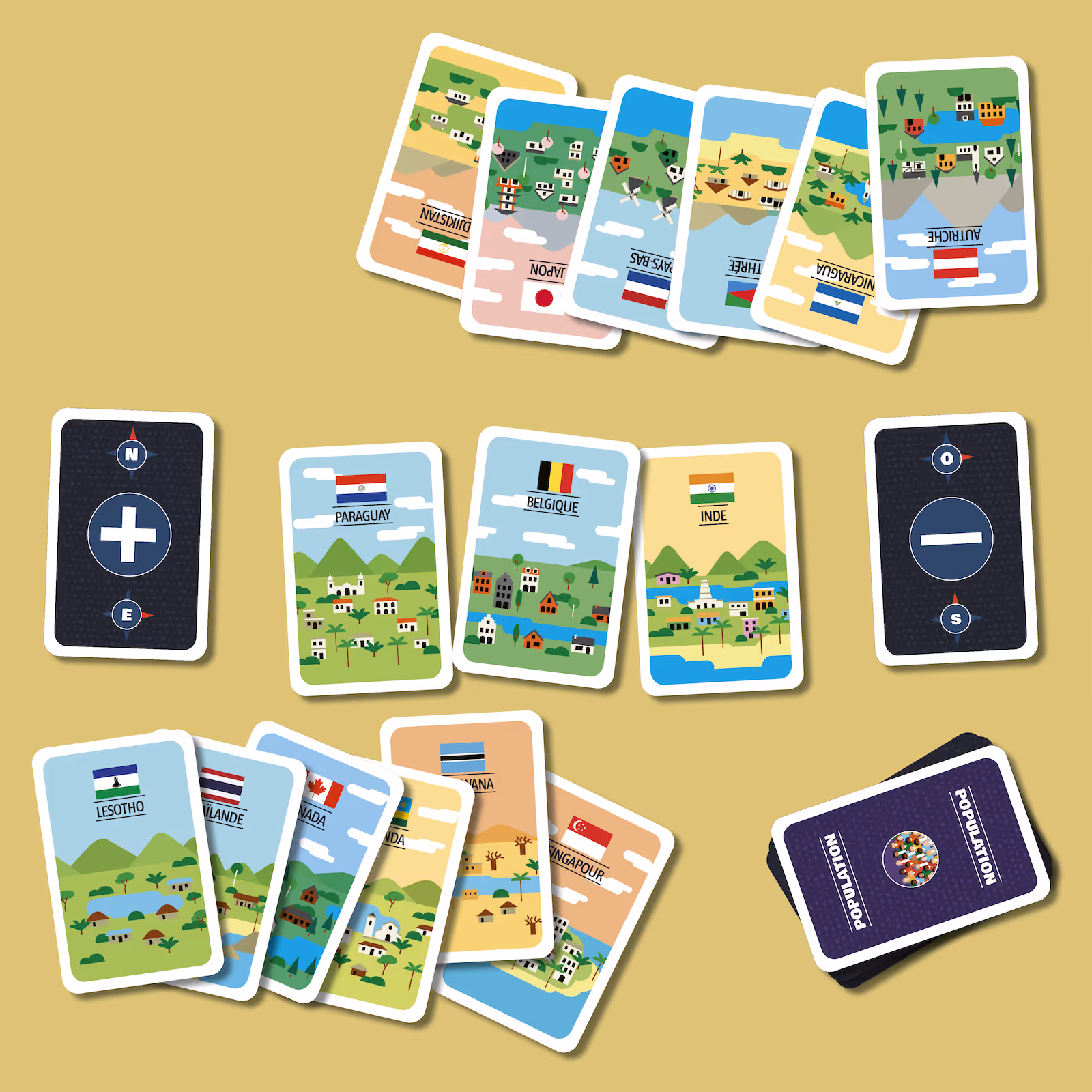 Cartes illustrées de différents pays avec leurs noms et drapeaux, posées sur une surface beige avec deux cartes action + et - et un paquet de cartes population.