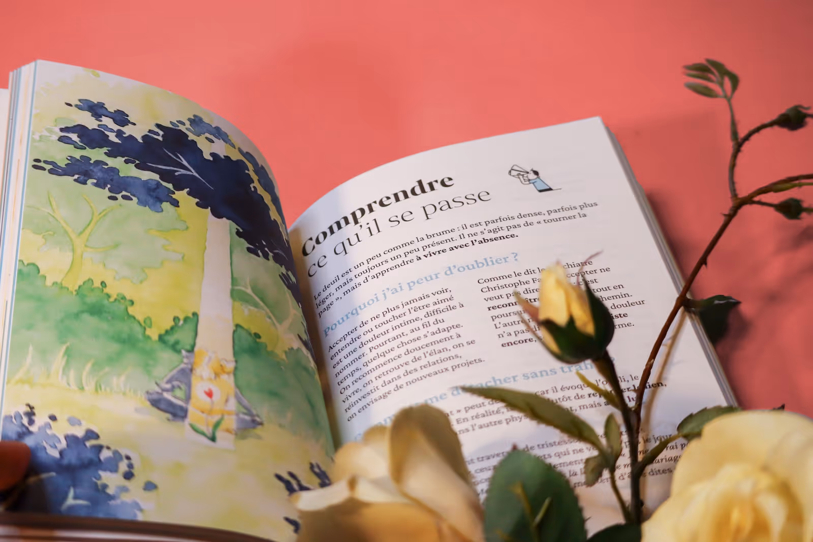 Livre ouvert avec une illustration d'arbre sur la page de gauche et un texte en français sur la page de droite, accompagné de fleurs jaunes en premier plan sur fond rose.