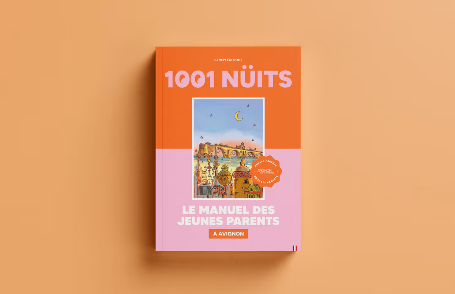 Couverture du livre 1001 Nüits, le manuel des jeunes parents à Avignon, avec illustration d'un pont et un ciel étoilé.