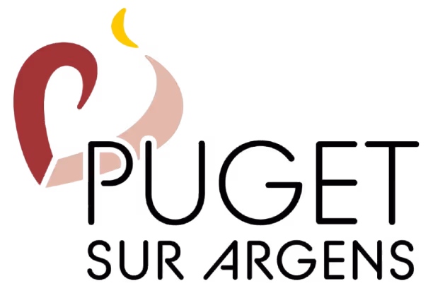 Logo de Puget-sur-Argens avec des formes abstraites rouges, roses et jaunes au-dessus du texte.