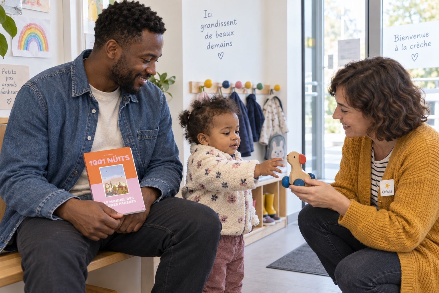 Un père échange avec une professionnelle de crèche, le guide 1001 NÜITS à la main.